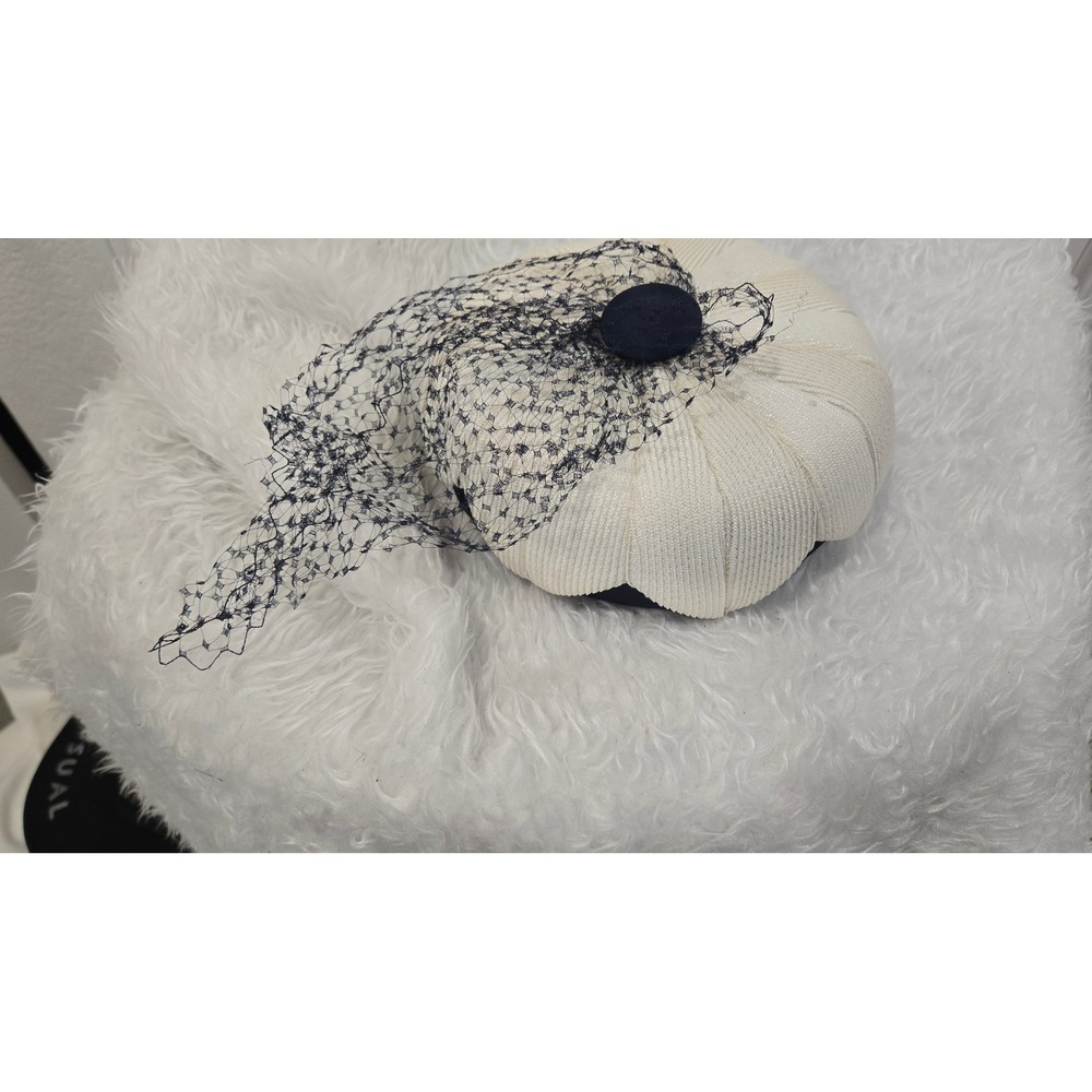 Vintage Style‎ Cream Pillbox Hat with Navy Birdcage Veil /Lace Lining Fascinator